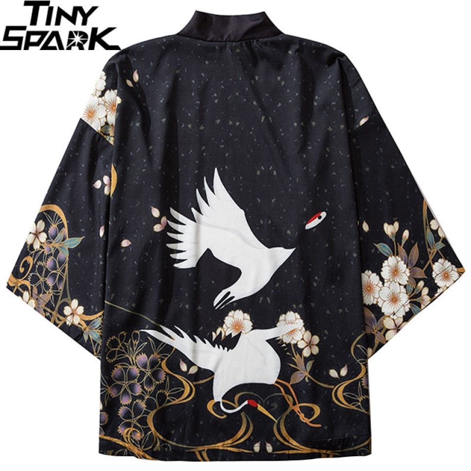 Golden Floral Heron Poly-cotton Kimono