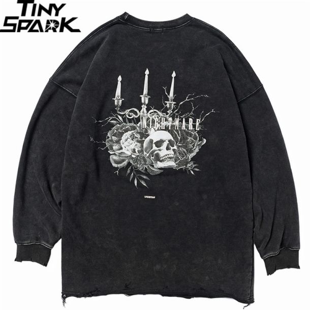 Retro Washed Skull Print Poly-cotton Sweatshirt