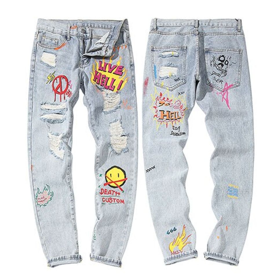 Graphic Print Distressed Jeans