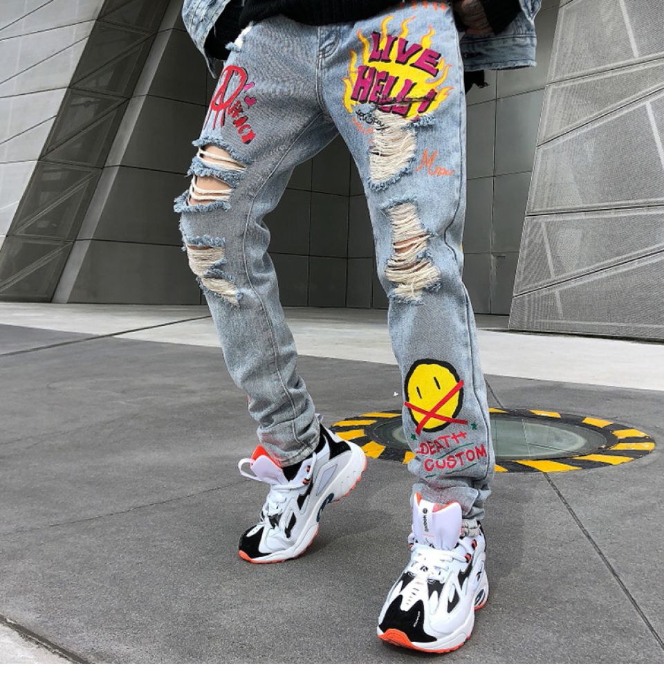 Graphic Print Distressed Jeans