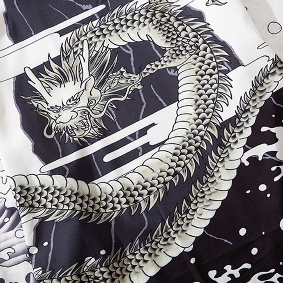 Greyscale Dragon Print Poly-cotton Kimono
