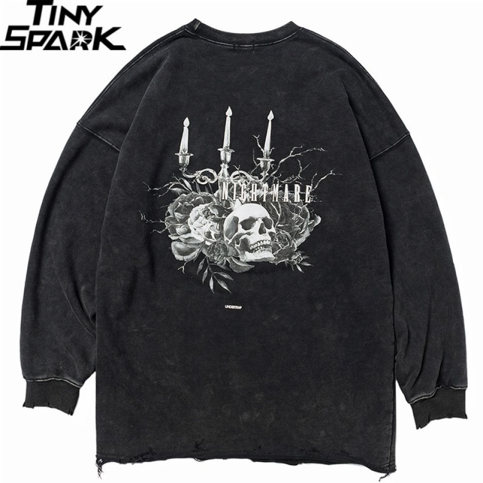 Retro Washed Skull Print Poly-cotton Sweatshirt