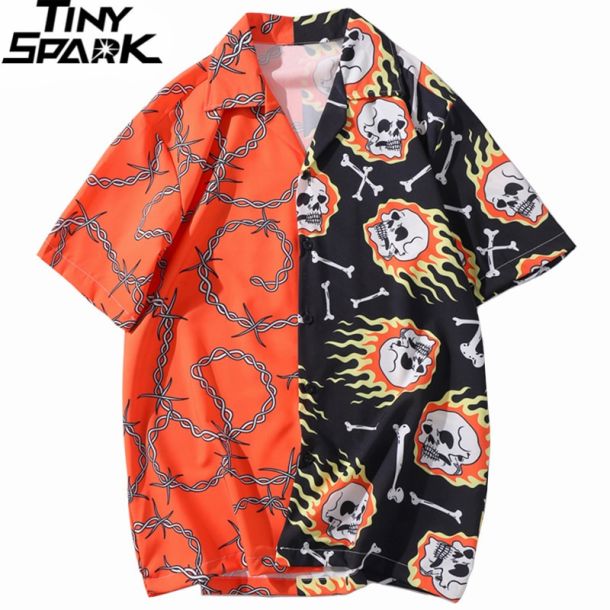 Half-n-Half Fire And Skull Poly-cotton Shirt