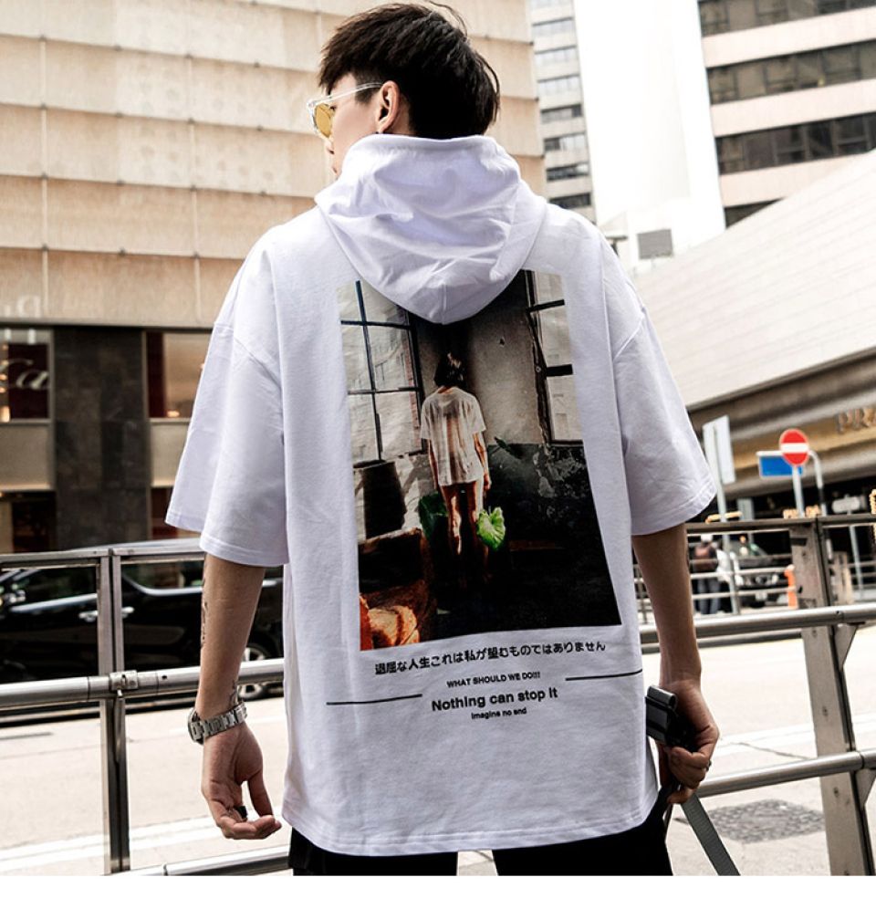 Street Style Half-sleeves Poly Cotton Hoodie