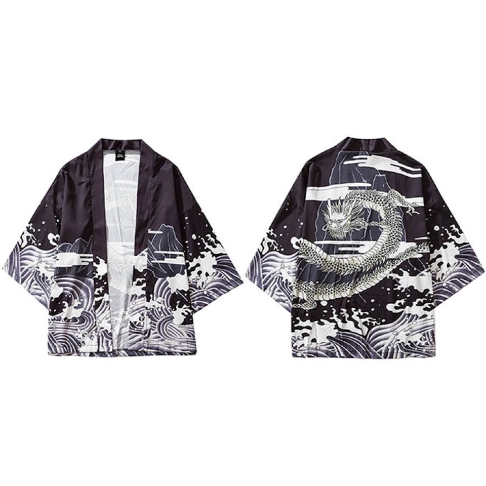 Greyscale Dragon Print Poly-cotton Kimono