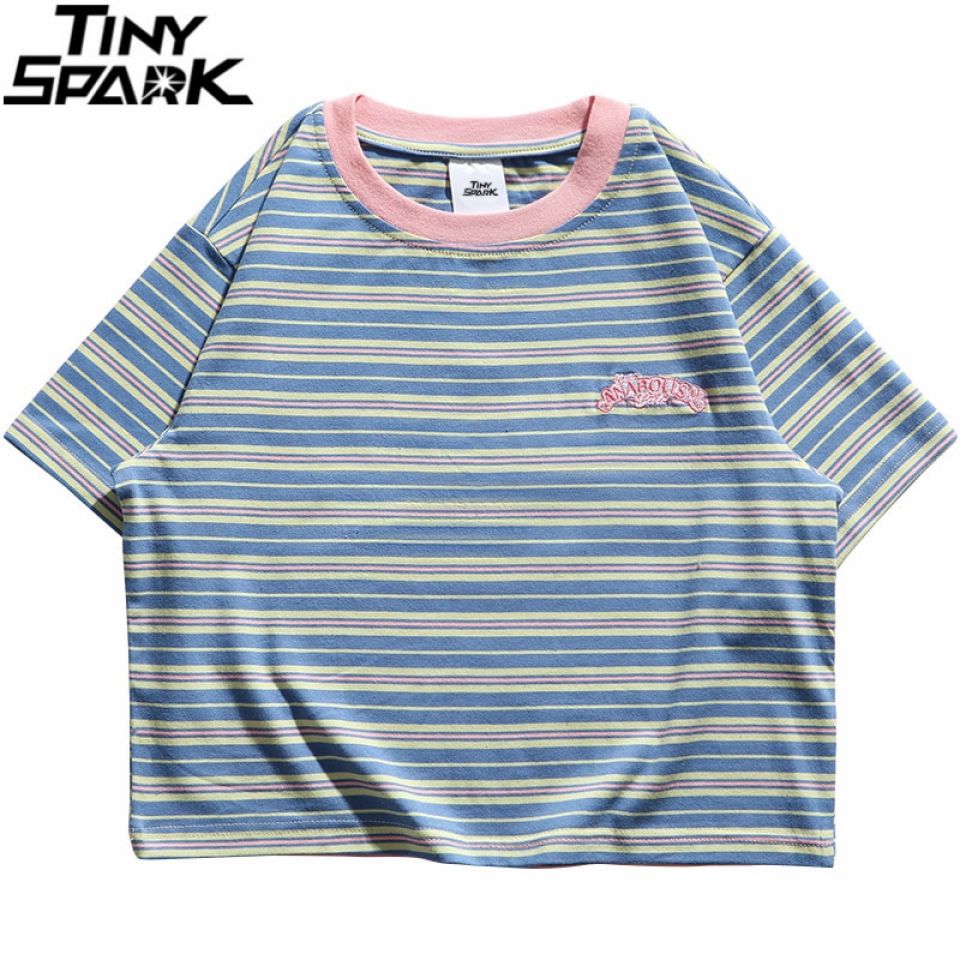 Embroidered Cropped T-Shirt with Stripes H25ec145862fa470b990b8d6794c428e3E 70067143