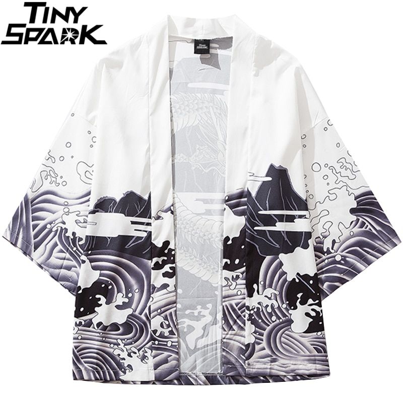 Greyscale Dragon Print Poly-cotton Kimono