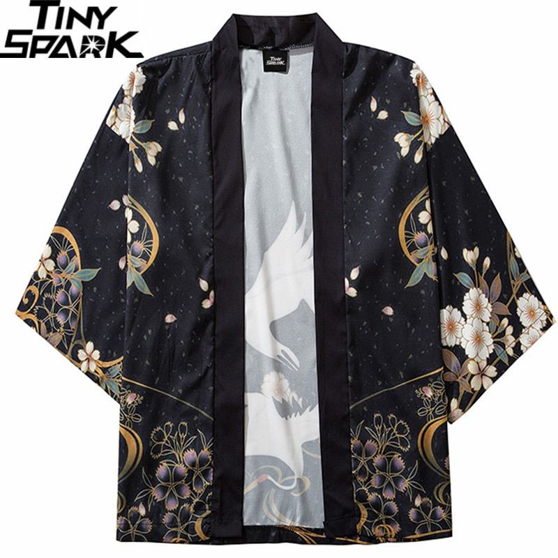 Golden Floral Heron Poly-cotton Kimono