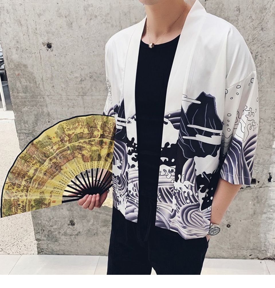 Greyscale Dragon Print Poly-cotton Kimono Hafd3ee276fae42b4a8f2aa94bf49926da c1f482d7