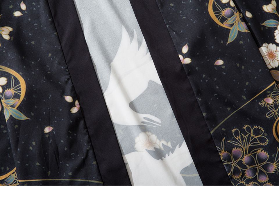 Golden Floral Heron Poly-cotton Kimono