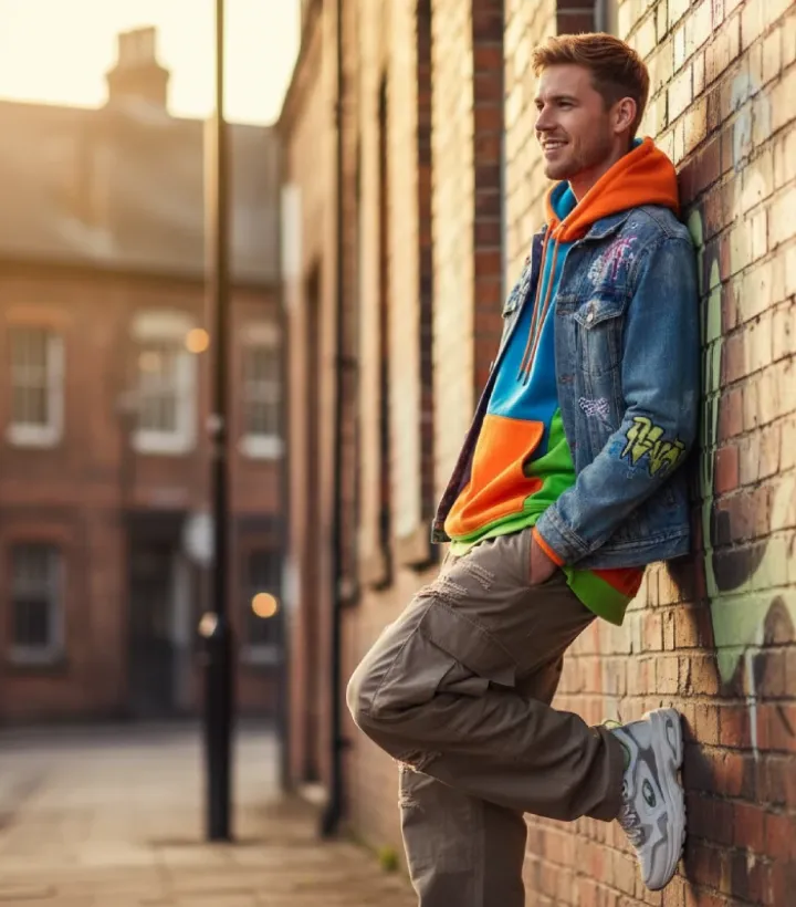 A person sits on a mini bike, showcasing Tiny Spark cargo pants with white, purple, and green stripe details, paired with white high-top sneakers.