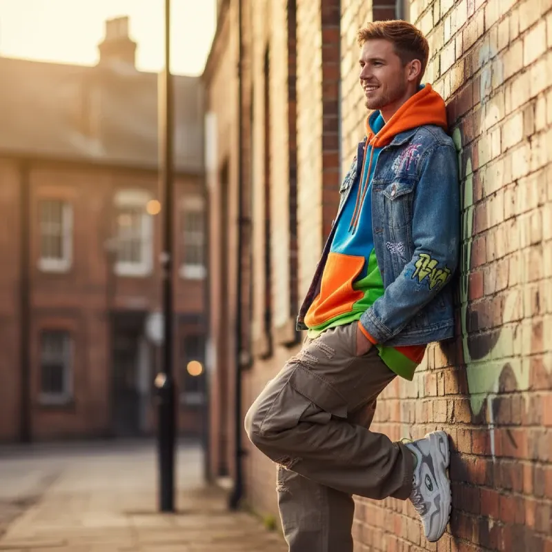 A person sits on a mini bike, showcasing Tiny Spark cargo pants with white, purple, and green stripe details, paired with white high-top sneakers.