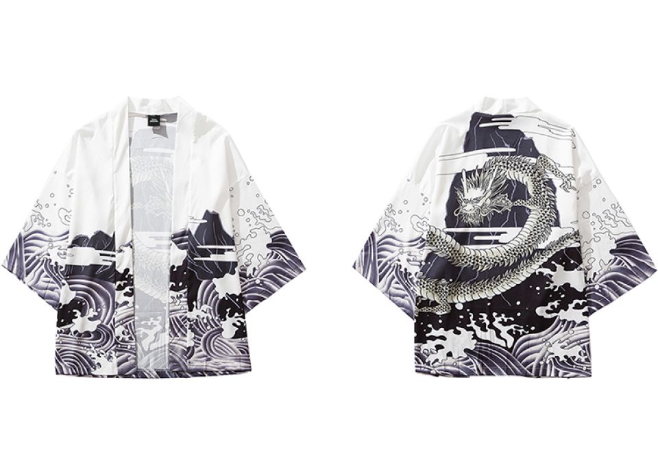 Greyscale Dragon Print Poly-cotton Kimono H78a17b0b87ce49baa975cb648397ade0e db2e54a8