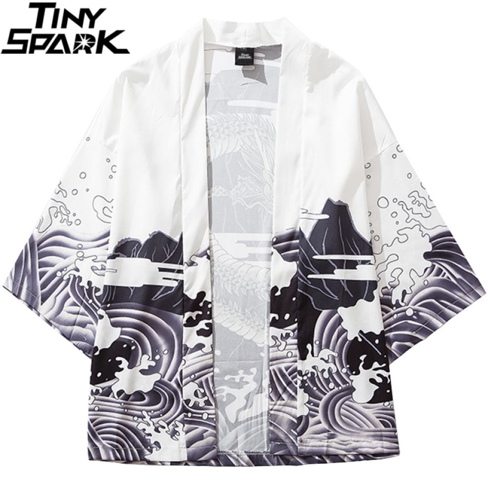 Greyscale Dragon Print Poly-cotton Kimono