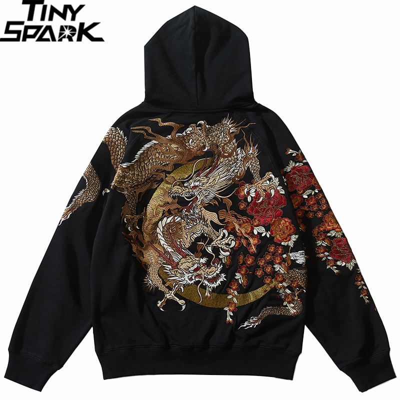 Embroidered Dragon & Flowers Hoodie - Tiny Spark