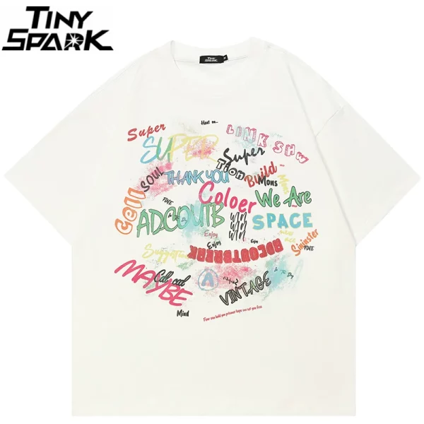 Colorful Letters Graffiti Graphic Casual Beige White Tshirt