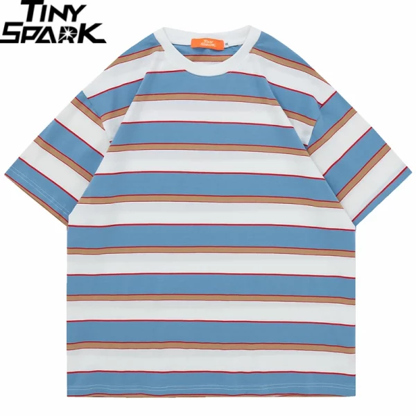 Striped Hip Hop T-Shirt – Blue & Brown