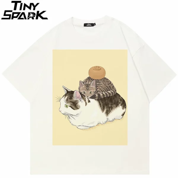 Funny Cats Cartoon Graphic Casual Beige White Tshirt