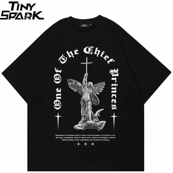 Cross Angel Statue Graphic Casual Black T Shirt