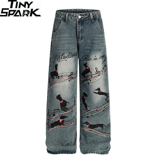 Music Dog Graphic Denim Pants