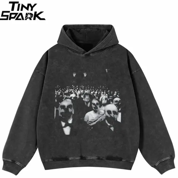 Washed Black Distorted Crowd Graphic Hoodie.