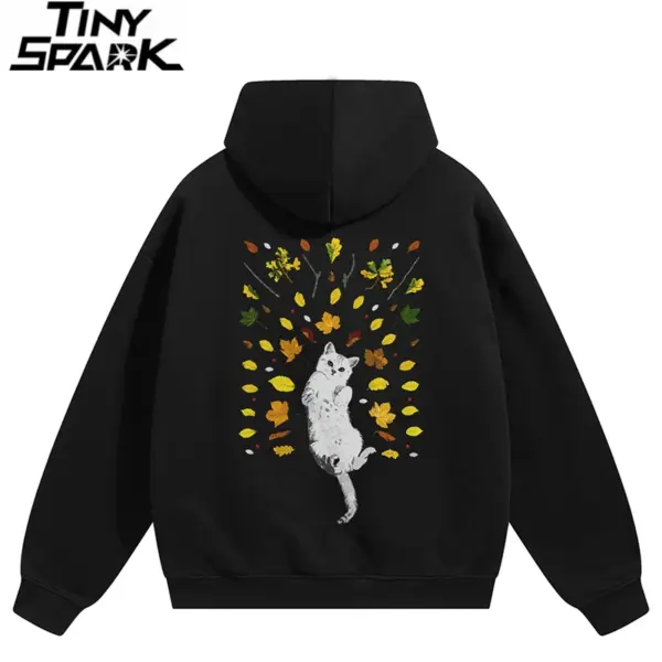 White Cat And Leaves Back Print Hoodie