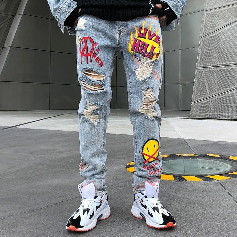 Graphic Print Distressed Jeans - Tiny Spark